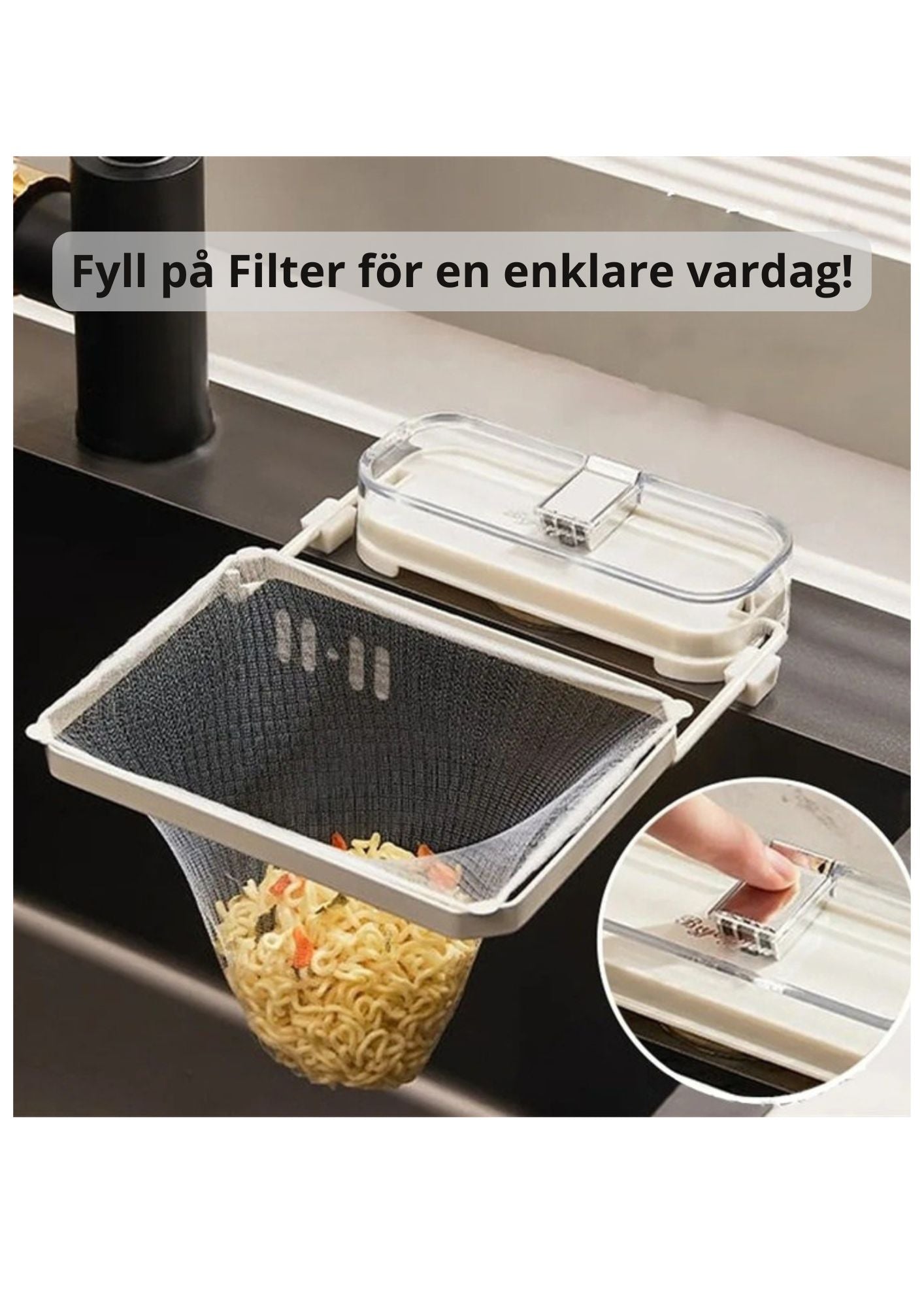 Köksställ med engångsfilter – praktiskt köksredskap mot avfall, avsköljning.